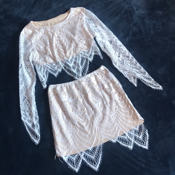 Dresses & Skirts - Floral Lace Nude Two Piece Set Crop Top Mini Skirt